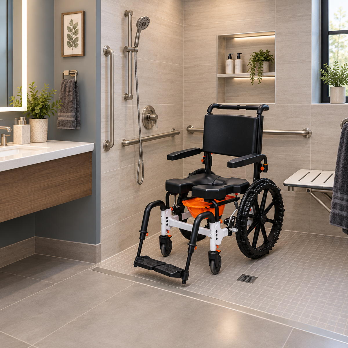 Silla de ducha e inodoro autopropulsada MetaPal M1-SP in a shower
