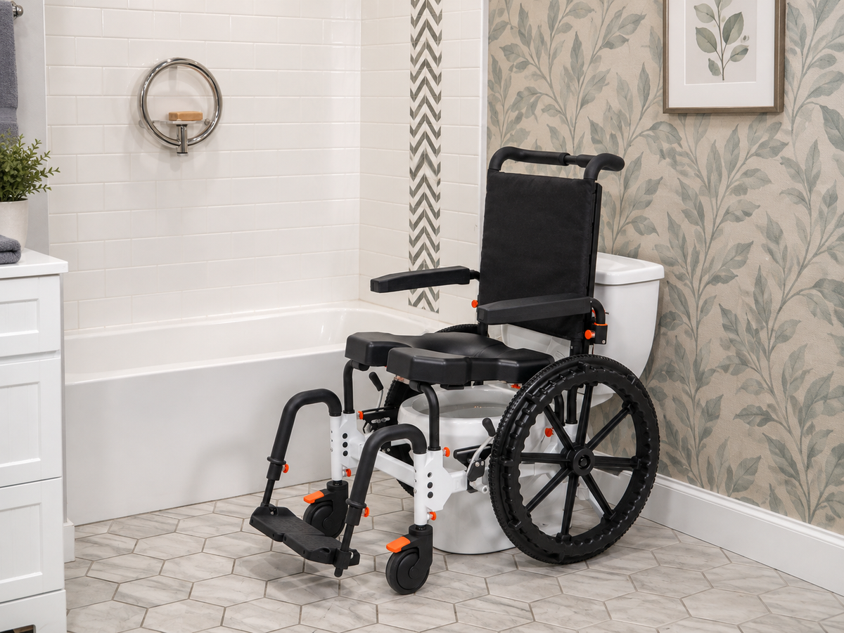 Silla de ducha e inodoro autopropulsada MetaPal M1-SP in a shower